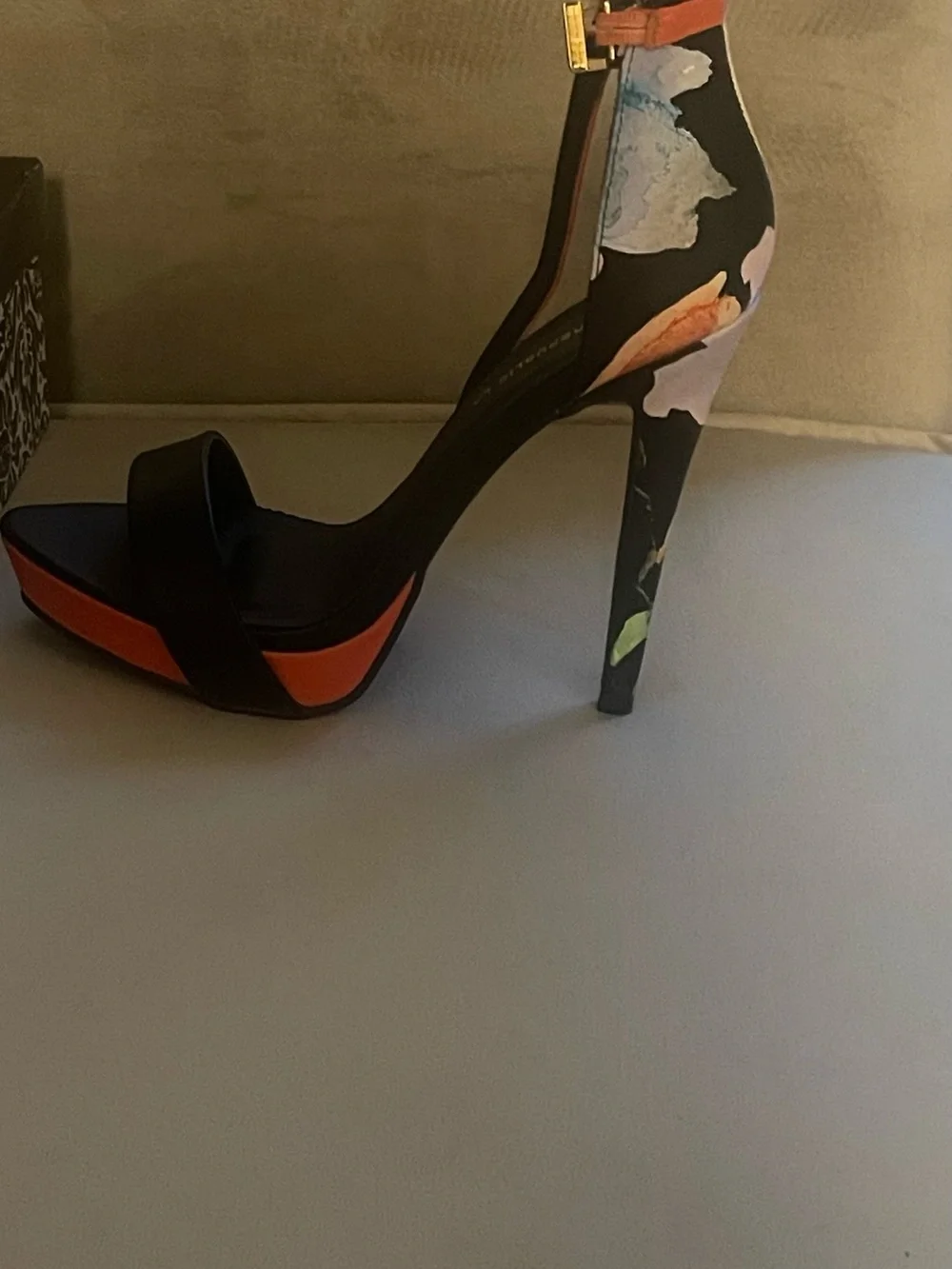 Floral Black and Orange Women's Strappy High Heels